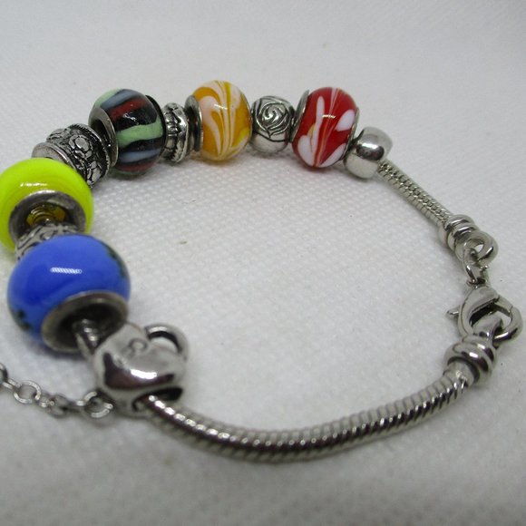 PANDORA STYLE LAMPWARK Glass Charm Beads Silver Tone Metal Heart And Key Charm - Picture 5 of 11